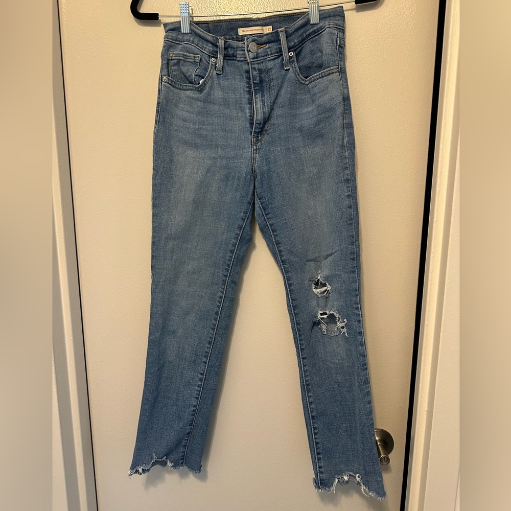 Levi’s blue high rise straight crop ripped jeans